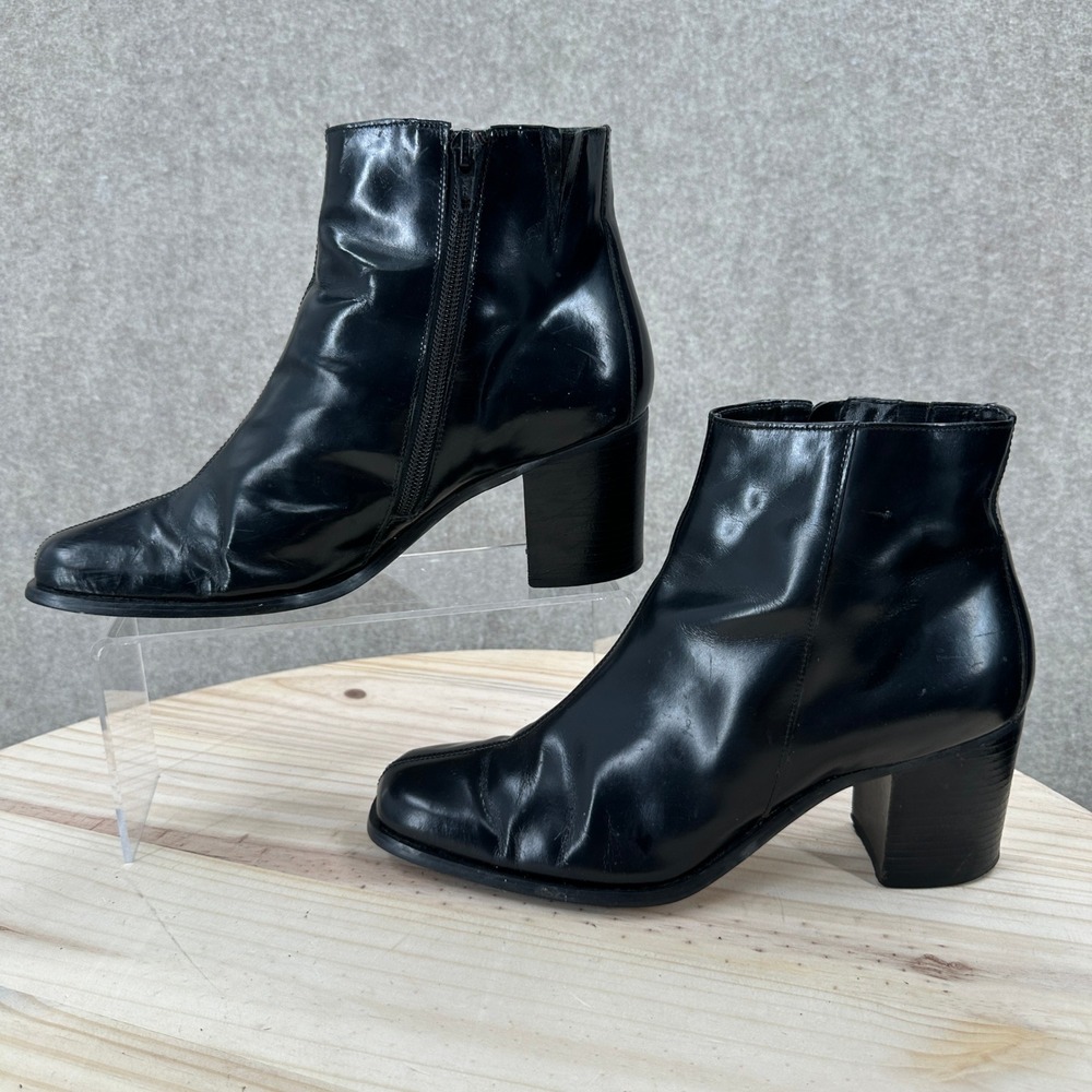 VTG Nine West Ankle Boots 9M Black Waxed Leather Square Toe Block Heel 0-GARRICK